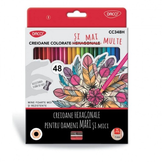 Set 48 Creioane Color DACO, 48 Culori, Corp Hexagonal din Lemn, cu Ascutitoare, Creioane Colorate, Creioane DACO, Set Creioane Colorate, Creion Colorat, Creioane Scoala, Creioane Desen