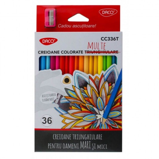 Set 36 Creioane Color DACO, 36 Culori, Corp Triunghiular din Lemn, cu Ascutitoare, Creioane Colorate, Creioane DACO, Set Creioane Colorate, Creion Colorat, Creioane Scoala, Creioane Desen