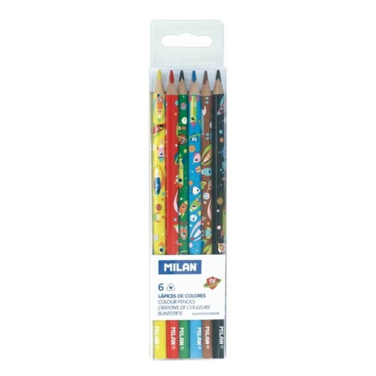 Set 6 Creioane Color MILAN Super Heroes, 6 Culori, Corp Triunghiular din Lemn, Creioane Triunghiulare Colorate, Creioane Colorate Metalice MILAN, Creioane MILAN, Set Creioane Colorate, Creion Colorat, Creioane Scoala, Creioane Desen