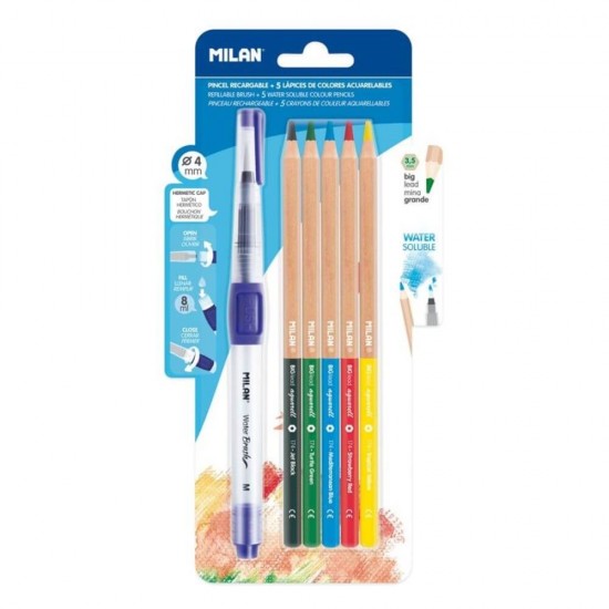 Set 5 Creioane Color Acuarela MILAN, 5 Culori, Corp de Lemn, cu Pensula cu Rezervor Inclusa, Creioane Pastel, Creioane Colorate Acuarela, Creioane MILAN, Set Creioane Colorate, Creion Colorat, Creioane Scoala, Creioane Desen