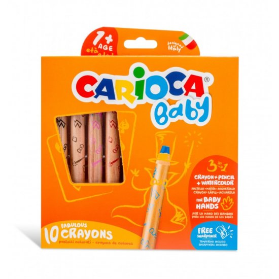 Set 10 Creioane Colorate 3 in 1 Carioca Baby, Diametru Mina 10 mm, 10 Creioane Colorate si Ascutitoare, Set de Creioane, Creioane la Set, Creioane 10 Culori, Creioane Colorate, Creioane Baby, Creioane Non-Toxice, Creioane pentru Copii, Mini Creioane