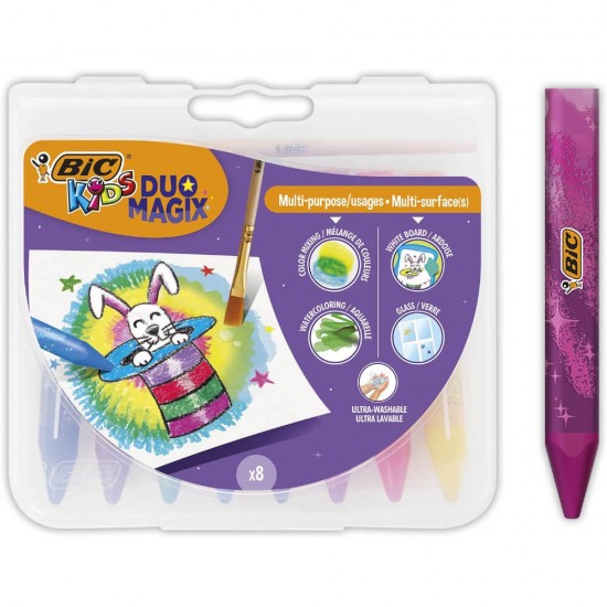 Creioane Cerate Plastifiate BIC Duo Magix, 8 Buc/Set, Culori Asortate, Creioane Colorate Cerate, Set Creioane de Ceara Plastifiate BIC, Creion Cerat Plastifiat pentru Copii, Set 8 Creioane Cerate pentru Scoala