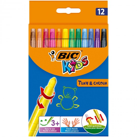 Creioane Cerate Plastifiate BIC Turn&Colour, 12 Buc/Set, Culori Asortate, Creioane Plastifiate BIC, Creion de Colorat, Creioane Cerate BIC pentru Copii, Set 12 Creioane Cerate BIC Turn&Colour, Creion de Ceara Plastifiat pentru Scoala