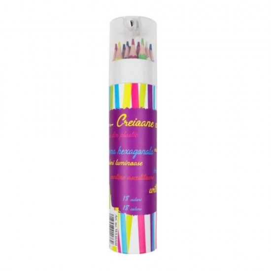 Creioane Colorate Mari Willgo 18 Culori/Set cu Ascutitoare, Dimensiuni 17.5x0.7 mm, Confectionate din Lemn, Forma Hexagonala