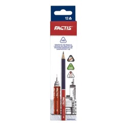 Set 12 Creioane Grafit FACTIS, Mina HB, Corp de Lemn Triunghiular, Creioane HB, Creioane Grafit HB, Creioane HB FACTIS, Set Creioane Grafit, Creion HB Grafit, Creioane pentru Schite si Grafica, Creioane Desen Tehnic