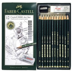 Set 12 Creioane Grafit Faber – Castell 9000 Set Arta, Forma Hexagonala, Ambalate in Cutie Metalica, Densitati Diferite, Creione Grafit Scoala, Rechizite Scolare, Creioane Scoala Faber – Castell, Creioane pentru Schite, Creioane pentru Desen