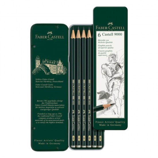 Set 6 Creioane Grafit Faber – Castell 9000, Forma Hexagonala, Ambalate in Cutie Metalica, Densitati Diferite, Creione Grafit Scoala, Rechizite Scolare, Creioane Scoala Faber – Castell, Creioane pentru Schite, Creioane pentru Desen, Creioane Profesioniste