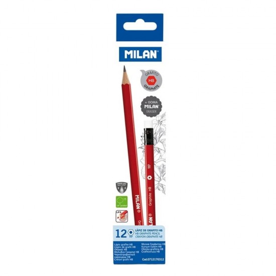 Set 12 Creioane Grafit MILAN, Mina HB, Corp de Lemn Hexagonal si Radiera, Creioane HB cu Radiera, Creioane Grafit HB cu Radiera, Creioane HB MILAN, Set Creioane Grafit, Creion HB Grafit, Creioane pentru Schite si Grafica, Creioane Desen Tehnic