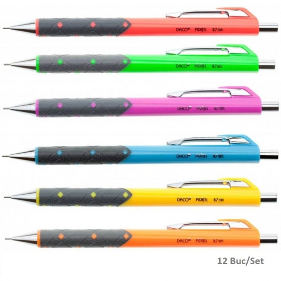Set 12 Creioane Mecanice DACO Picatel, Mina de 0.5 mm, Corp din Plastic cu Grip Ergonomic, Corp de Diferite Culori, Creioane Mecanice, Creion Mecanic cu Mina, Creioane Mecanice cu Mina, Creion Mecanic cu Radiera, Creion Mecanic 0.5 mm