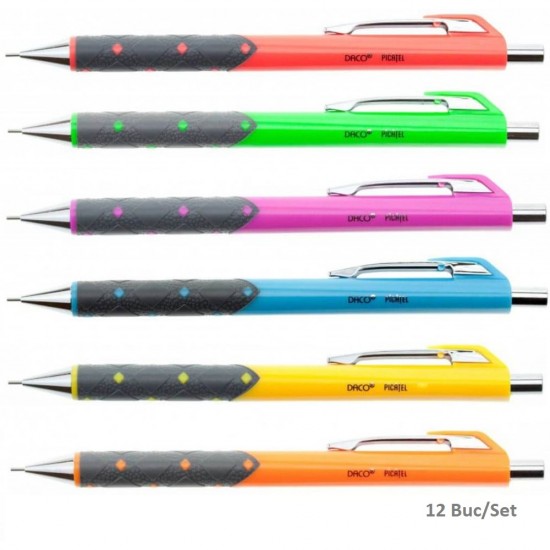 Set 12 Creioane Mecanice DACO Picatel, Mina de 0.7 mm, Corp din Plastic cu Grip Ergonomic, Corp de Diferite Culori, Creioane Mecanice, Creion Mecanic cu Mina, Creioane Mecanice cu Mina, Creion Mecanic cu Radiera, Creion Mecanic 0.7 mm