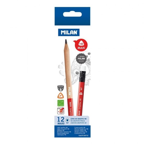 Set 12 Creioane Grafit MILAN Maxi, Mina HB, Corp de Lemn Triunghiular si Radiera, Creioane  HB cu Radiera, Creioane Grafit HB cu Radiera, Creioane HB MILAN, Set Creioane Grafit, Creion HB Grafit, Creioane pentru Schite si Grafica, Creioane Desen Tehnic