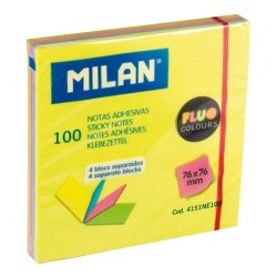 Notite Adezive Milan, Fluo, 100 File, 76x76 mm, 4 Culori Asortate, Bloc Notes, Post-it, Sticky Notes, Bloc de Hartie, Notite Adezive, Post-it-uri, Notite pentru Birou, Memo Adezive, Notite Adezive Colorate