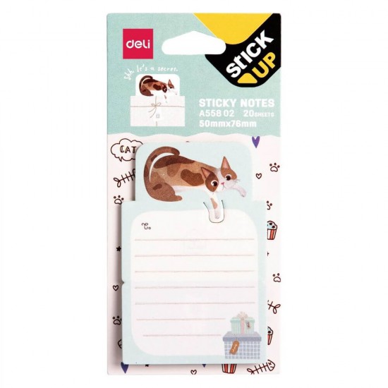 Notite Adezive Liniate Deli Stick Up, cu Pisica, Albastru, 76x50 mm, 20 File/Set, Notite Adeziv cu Pisica, Notite Adezive cu Pisici, Biletele Adezive cu Pisica, Biletele Adezive cu Pisici, Notite Adezive cu Linii, Bloc Notes Adeziv cu Pisica