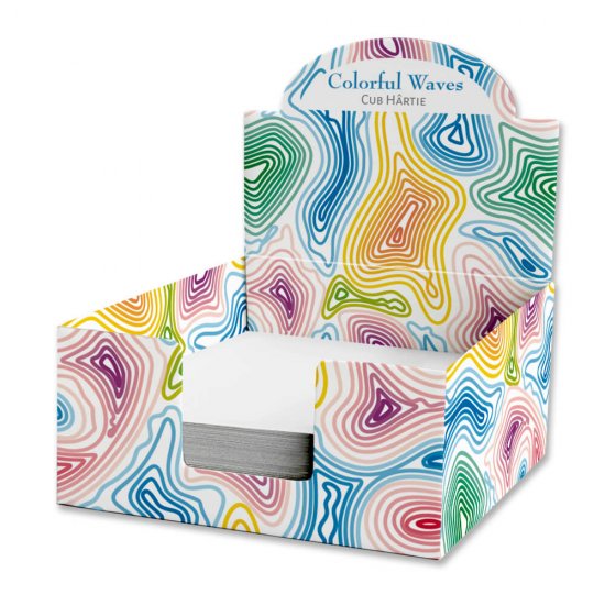 Cub de Hartie Colorful Waves, 9x9 cm, 500 File/Set, Albe, in Cutie, Notite cu Suport, Notes, Notes Adaconi, Notes Cub de Hartie, Bloc Notite Albe, Post-it din Hartie, Accesorii Birou