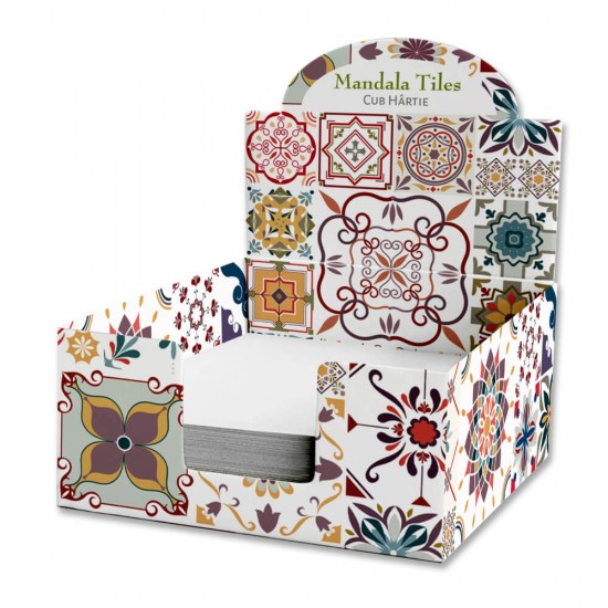 Cub de Hartie Mandala Tiles, 9x9 cm, 500 File/Set, Albe, in Cutie, Notite cu Suport, Notes, Notes Adaconi, Notes Cub de Hartie, Bloc Notite Albe, Post-it din Hartie, Accesorii Birou