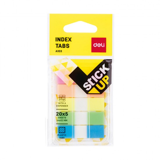 Indecsi Autoadezivi cu Dispenser din Plastic, Deli Stick Up, 44x12 mm, 5 Culori, 100 File, Dispenser Index Plastic cu Adeziv, Sticky Indexuri, Evidentiatoare Adezive de Pagina, Indecsi Adezivi cu Dispenser, Index Autoadeziv cu Dispenser