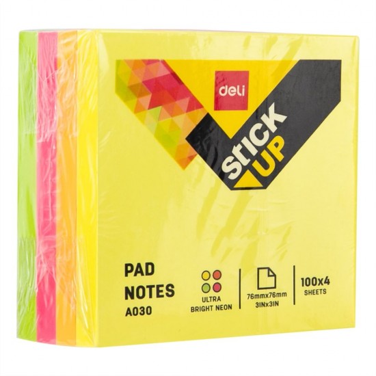 Notite Adezive, Deli Stick Up, 76x76 mm, Culori Neon, 400 Buc/Pachet, Notite Hartie cu Adeziv, Sticky Notite, Cuburi Hartie, Articole pentru Birou