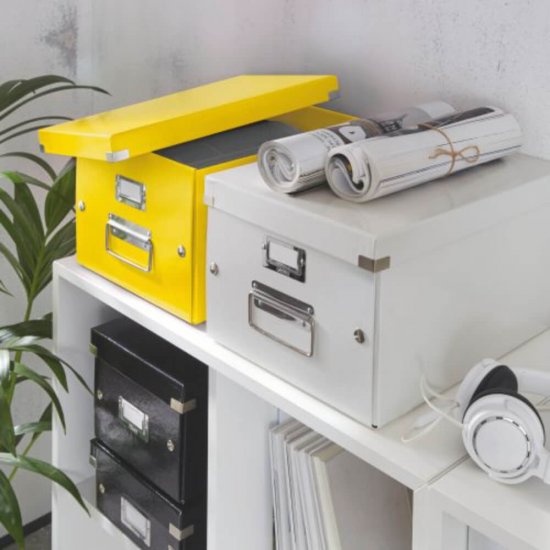 Cutie Depozitare Mare din Carton Solid Laminat Leitz Click and Store, 369x200x482, Galben, Cutie Carton Clasica, Cutie Depozitare Colorata, Cutie Mare pentru Obiecte, Cutie Mare Simpla, Cutie Rezistenta