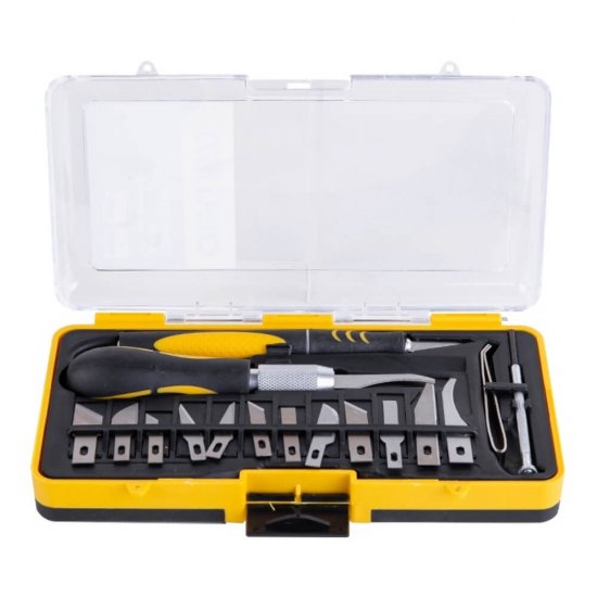 Set Cuttere Craft Deli, 16 Piese, Lame Interschimbabile, Otel, Trusa Galbena, Cutter cu Lame, Cutter Craft, Cuttere pentru Craft, Cutter Deli, Cuttere Deli, Cuttere cu Lame Interschimbabile, Cutter Perforare, Cuttere pentru Perforare