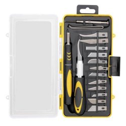 Set Cuttere Craft Deli, 16 Piese, Lame Interschimbabile, Otel, Trusa Galbena, Cutter cu Lame, Cutter Craft, Cuttere pentru Craft, Cutter Deli, Cuttere Deli, Cuttere cu Lame Interschimbabile, Cutter Perforare, Cuttere pentru Perforare