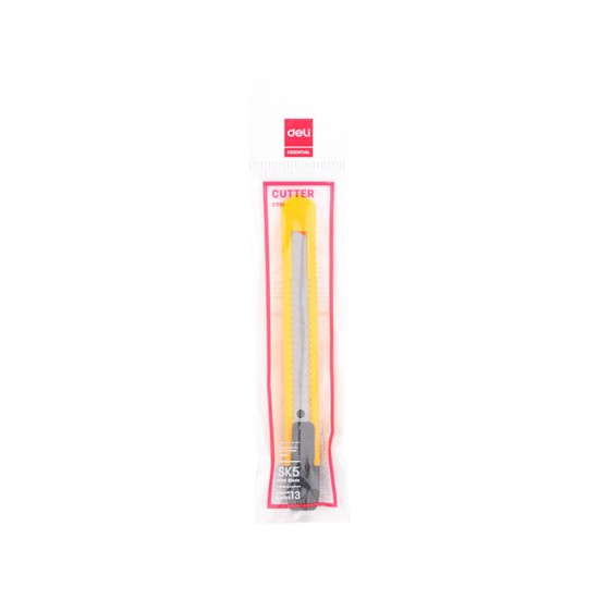 Cutter cu Blocare DELI Essential, Lama de Otel, Galben, 0.4x9x80 mm, 1 Buc, Cutter pentru Hartie, Cutter pentru Carton, Cutter pentru Materiale, Cutter cu Comutator de Blocare, Cutter cu Lama de Otel, Cutter Maner Plastic, Cutter Lama 80mm