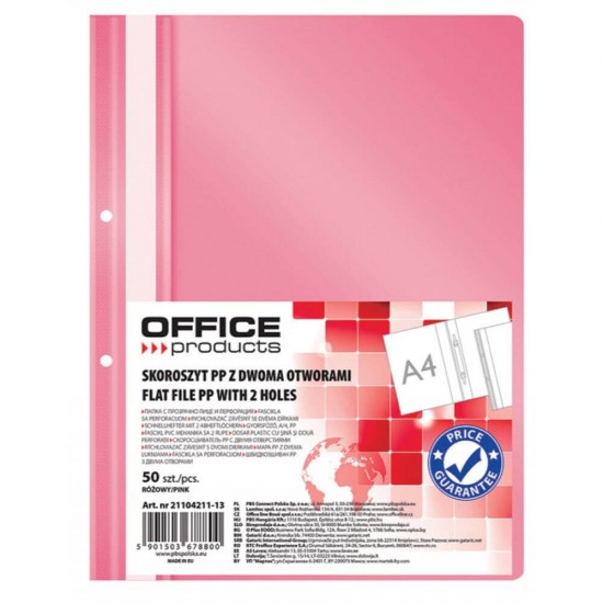 Dosare din Plastic cu Sina si Doua Perforatii, 50 Buc/Set, 225x305 mm, Capacitate 200 Coli, Culoare Roz, Dosare din Plastic OFFICE Products, Dosar pentru Documente, Mapa Documente, Dosare pentru Arhivare Documente