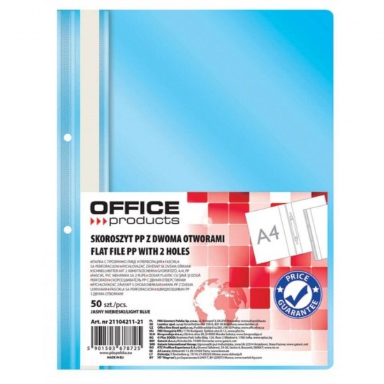 Dosare din Plastic cu Sina si Doua Perforatii, 50 Buc/Set, 225x305 mm, Capacitate 200 Coli, Culoare Bleu, Dosare din Plastic OFFICE Products, Dosar pentru Documente, Mapa Documente, Dosare pentru Arhivare Documente