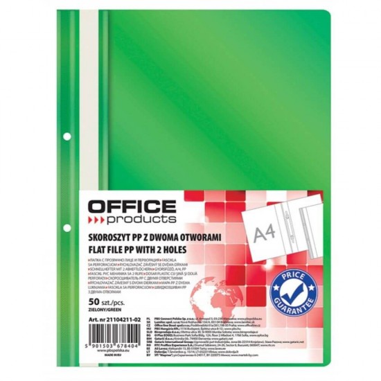 Dosare din Plastic cu Sina si Doua Perforatii, 50 Buc/Set, 225x305 mm, Capacitate 200 Coli, Culoare Verde, Dosare din Plastic OFFICE Products, Dosare pentru Documente, Mapa Documente, Dosare pentru Arhivare Documente