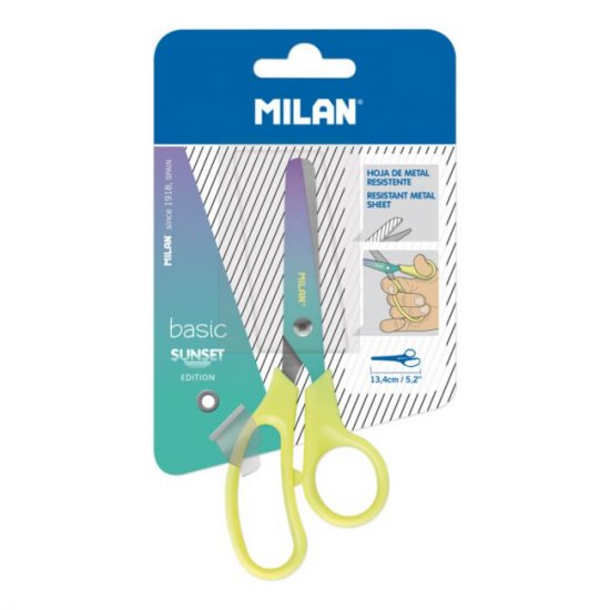 Foarfeca Milan, Otel Inoxidabil, Lama 13.4cm, Varf Rotunjit, Model Sunset, Galben, Foarfeca pentru Birou, Foarfeca pentru Scoala, Foarfece pentru Scoala, Foarfece Milan, Foarfece din Otel, Foarfece Scoala, Foarfeca pentru Casa, Foarfeca pentru Taiat