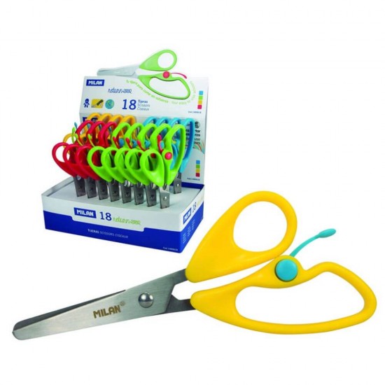 Set de 18 Foarfeci cu Retur MILAN, Lungime 14.4 cm, 4 Culori, Foarfeca Copii, Foarfeca MILAN, Foarfeci MILAN, Foarfeci Copii, Foarfeca pentru Copii, Foarfeca Hartie Copii, Foarfece pentru Copii, Set Foarfeca Copii