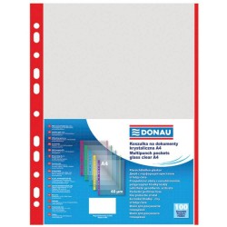 Set 100 Folii de Protectie A4 Verticale, Tip Coaja Portocala, Margine Rosie, 40 MIC, Folii Protectie Documente, Folie pentru Protectie Documente DONAU, Folii din Plastic pentru Documente, Folii Transparente cu Margine Color