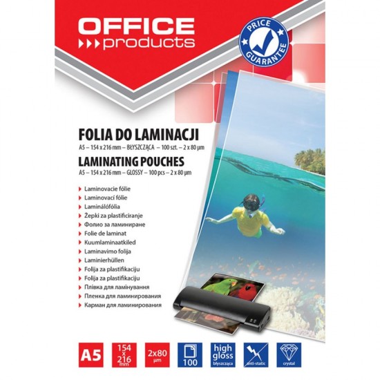 Folie Laminare A5, 154x216 mm, 100 Buc/Top, 80 Microni, Folii OFFICE Products, Accesorii Birou