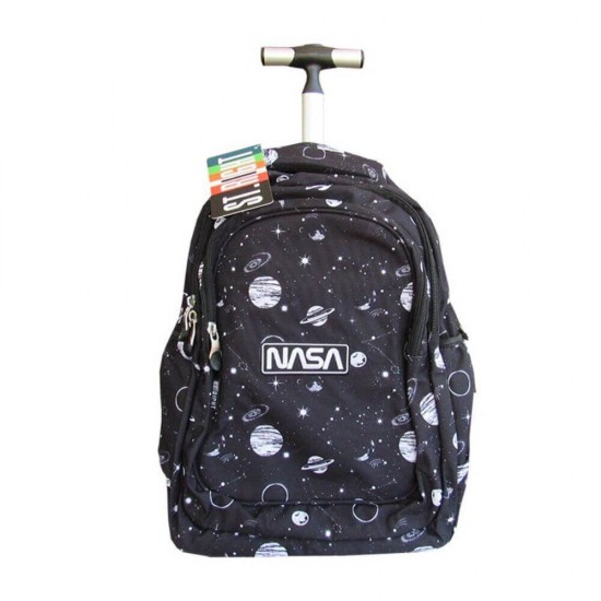 Ghiozdan Tip Troller Majewski, Baieti, 3 Compartimente, 2 Buzunare, TB-01, Planets, Gama St. Right, Negru cu Alb