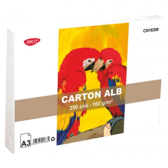 Hartie Cartonata A3 DACO, Alba, 250 Coli/Top, 160 g/m², 297x420 mm, Carton Colorat, Carton Colorat A3, Hartie Cartonata Colorata, Hartie A3 Colorata, Coli A3 Colorate, Top Hartie Cartonata, Foi Cartonate A3, Hartie Cartonata Alba