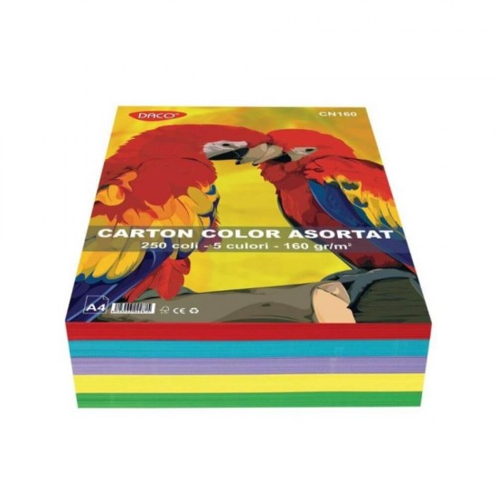 Hartie Cartonata A4 DACO, 250 File/Top, 160 g/m², 5 Culori, 210x297 mm, Carton Colorat, Carton Colorat A4, Hartie Cartonata Colorata, Hartie A4 Colorata, Coli Colorate, Top Hartie Cartonata, Coli Cartonate A4, Hartie Cartonata 5 Culori