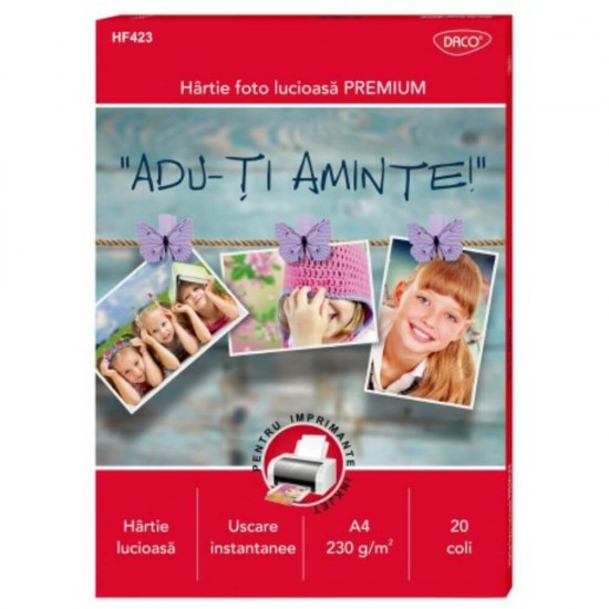 Hartie Foto A4 DACO, 20 Coli/Top, 230 g/m², pentru Imprimanta Ink-Jet, Hartie Foto, Hartie Foto A4, Hartie Foto Lucioasa, Hartie Foto Glossy, Hartie Foto Ink-Jet, Hartie Fotografica, Hartie Foto Daco, Hartie Foto 230 g, Hartie Tip Foto