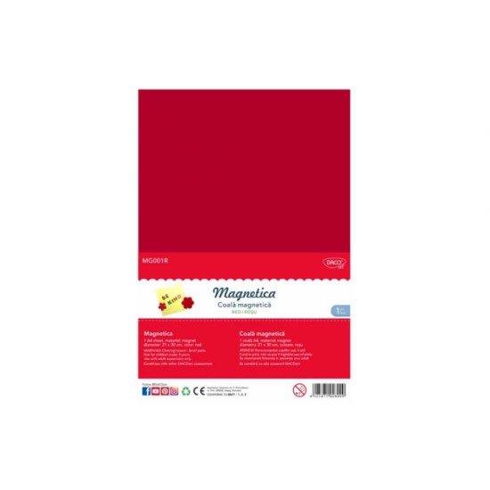 Coala Magnetica DACO, A4,  0.5 mm, Rosu, Coala Magnetica Rosie, Hartie Magnetica A4 Colorata, Coli Magnetice Adezive, Coala Magnetica A4, Coala Magnetica pentru Flipchart, Coala Magnetica Autoadeziva