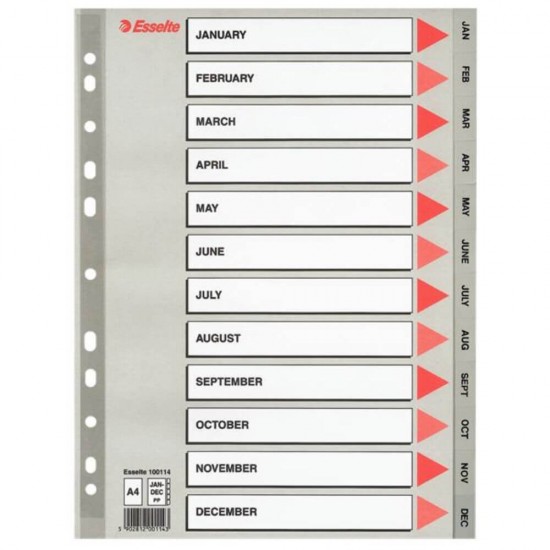 Index A4 Esselte, cu 12 Separatoare Ian-Dec, Plastic, Gri, Index de Plastic Anual cu Separatoare, Index de Plastic cu Separatoare cu Lunile Anului, Index de la Ianuarie la Decembrie, Index Arhiva An, Index Dosar, Index Caiet Mecanic