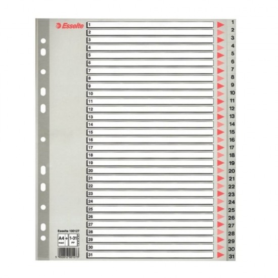 Index A4 Maxi Esselte, cu 31 Separatoare, Plastic, Gri, Index de Plastic cu Separatoare 1-31, Index de Plastic cu Separatoare Numerotate, Index de la 1 la 31, Index Arhiva, Index Dosar, Index Caiet Mecanic, Index Organizare