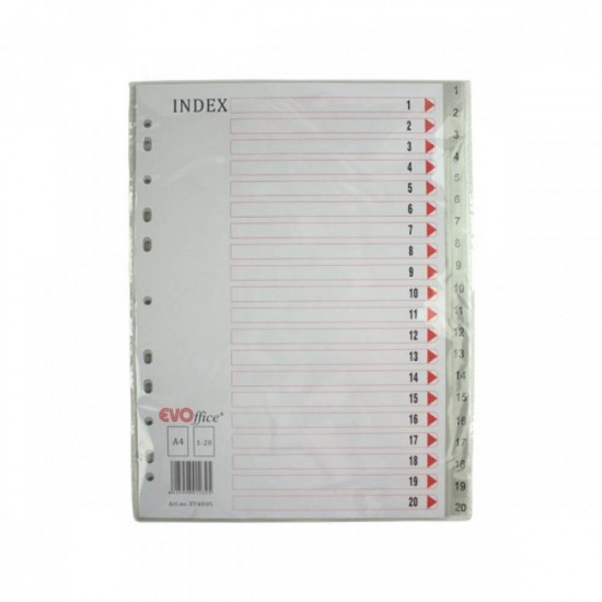 Index din Plastic EVOffice, Numerotat de la 1 la 20, Format A4, Format A4, Despartitoare din Plastic, Indecsi Bibliorafturi - Separatoare din Plastic