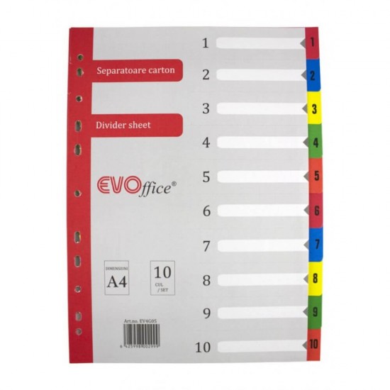 Separatoare din Carton EVOffice, Format A4, 10 Culori/Set, Index din Carton, Separatoare Bibliorafturi - Despartitoare din Carton