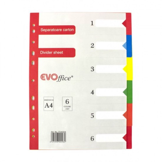 Separatoare din Carton EVOffice, Format A4, 6 Culori/Set, Index din Carton, Separatoare Bibliorafturi - Despartitoare din Carton
