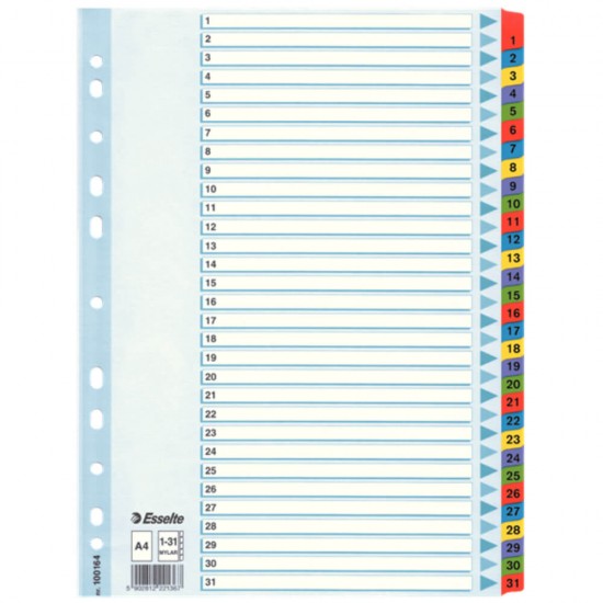 Separatoare Index din Carton Esselte Mylar, A4, Tip Index 1-31, Taste Laminate, Multicolor, Separator Index, Separatoare Carton Index, Separatoare Esselte, Separatoare Esselte Mylar, Separatoare Index Multicolor, Despartitoare din Carton 