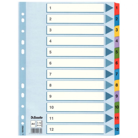 Separatoare Index din Carton Esselte Mylar, A4, Tip Index 1-12, Taste Laminate, Multicolor, Separator Index, Separatoare Carton Index, Separatoare Esselte, Separatoare Esselte Mylar, Separatoare Index Multicolor, Despartitoare din Carton 