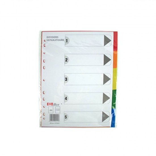 Separatoare din Plastic EVOffice, 5 Culori/Set, Format A4, Despartitoare din Plastic, Separatoare Bibliorafturi – Index din Plastic