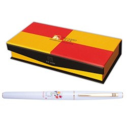 Set de Pix si Stilou cu Convertor PICASSO cu Penita din Iridiu, Placat cu Aur de 18k, Pix cu Mina Tip Roller, Ornamente Aurii, Culoare Corp Alb, Stilou Placat cu Aur, Stilou cu Pix, Stilou PICASSO, Pix PICASSO, Pix cu Mina Roller