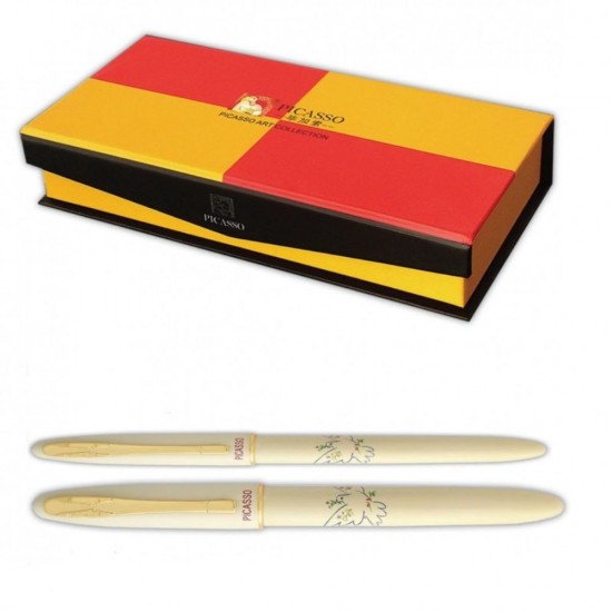 Set de Pix si Stilou cu Convertor PICASSO cu Penita din Iridiu, Placat cu Aur de 22k, Pix cu Mina Tip Parker, Ornamente Aurii, Culoare Corp Crem, Stilou Placat cu Aur, Stilou cu Pix, Stilou PICASSO, Pix PICASSO, Pix cu Mina Parker