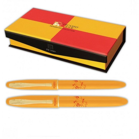 Set de Pix si Stilou cu Convertor PICASSO cu Penita din Iridiu, Placat cu Aur de 22k, Pix cu Mina Tip Parker, Ornamente Aurii, Culoare Corp Galben, Stilou Placat cu Aur, Stilou cu Pix, Stilou PICASSO, Pix PICASSO, Pix cu Mina Parker