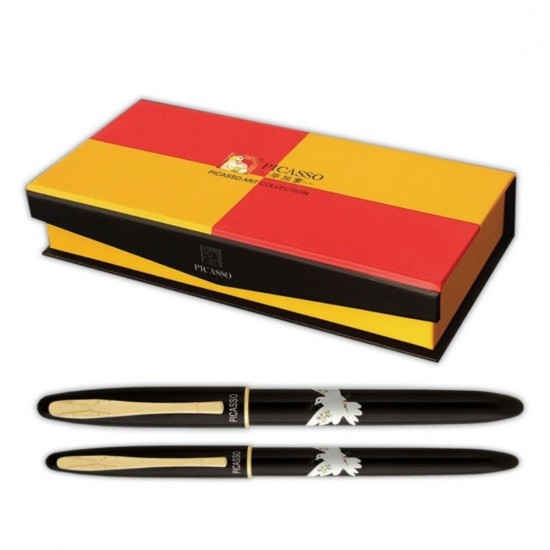 Set de Pix si Stilou cu Convertor PICASSO cu Penita din Iridiu, Placat cu Aur de 22k, Pix cu Mina Tip Parker, Ornamente Aurii, Culoare Corp Negru, Stilou Placat cu Aur, Stilou cu Pix, Stilou PICASSO, Pix PICASSO, Pix cu Mina Parker