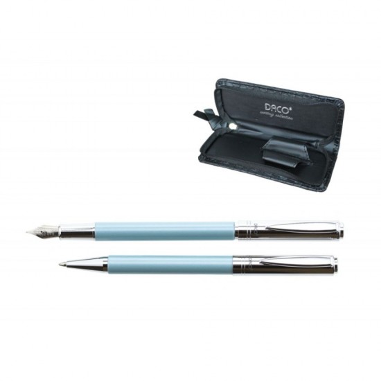Set de Pix si Stilou DACO cu Penita Iridium Tip M, Pix cu Mina Tip Parker 1 mm, Culoare Corp Albastru Deschis, Stilou cu Pix, Stilou DACO, Pix DACO, Pix cu Mina Parker
